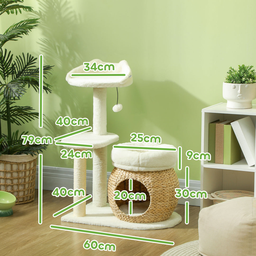 Kradsetræ med kattehule, legebold og platform, rør/sisal, op til 10 kg, 60 x 40 x 79 cm, cremehvid