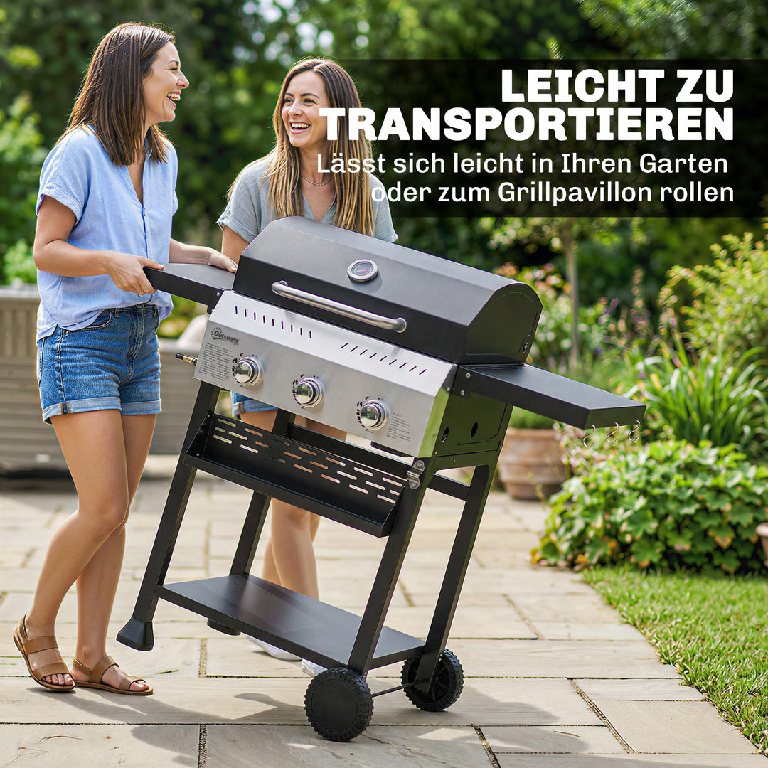 Gasgrill 9 KW 3 brændere BBQ grillvogn rustfrit stål inkl. foldbart sidebord krydderiholder nederste hylde 6 kroge