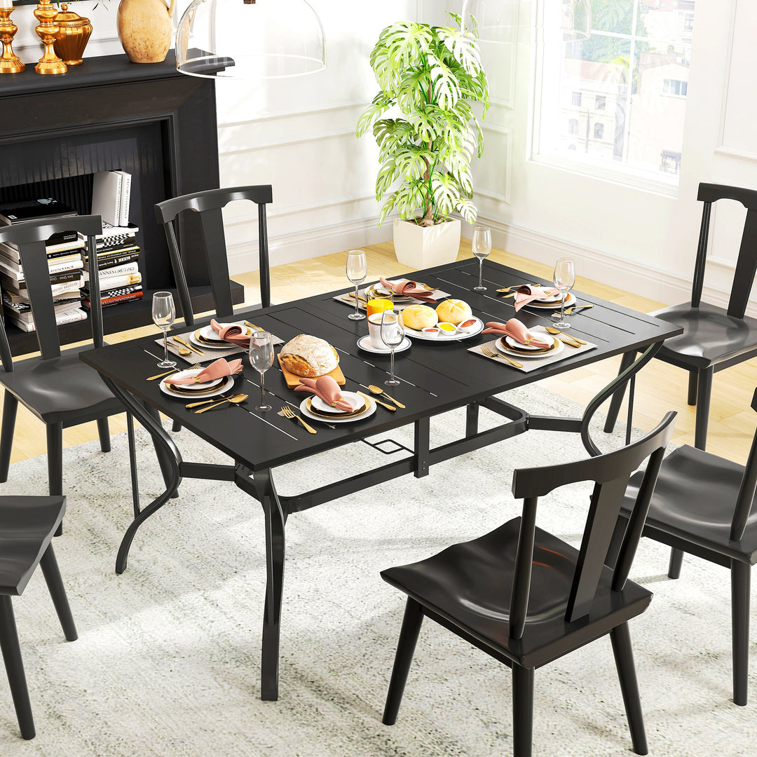 Havebord stål 150x90 cm vejrbestandigt balkonbord med parasolhul, lameldesign til 6 personer sort