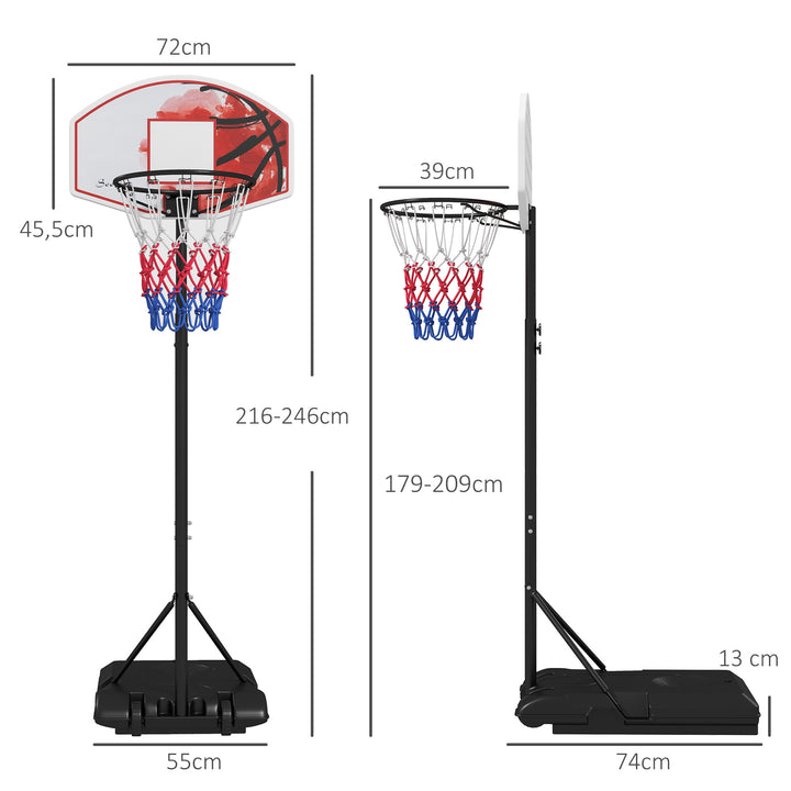Højdejusterbar fritstående basketballkurv med net og hjul, stor base, 179-209 cm, plast, stål