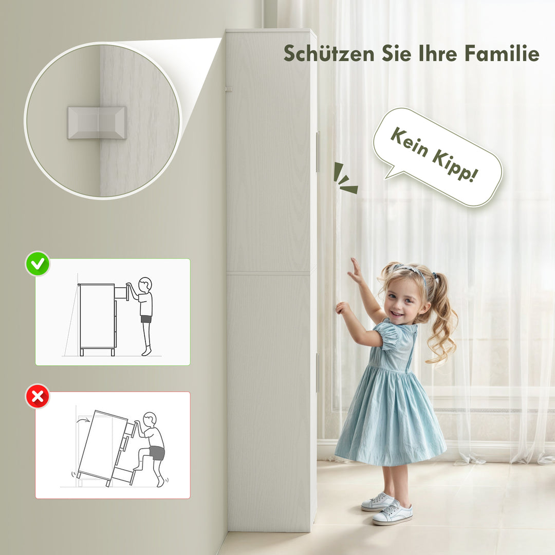 Højt badeværelsesskab med 2 døre, 4 justerbare hylder, spånplade, 180 cm, hvid