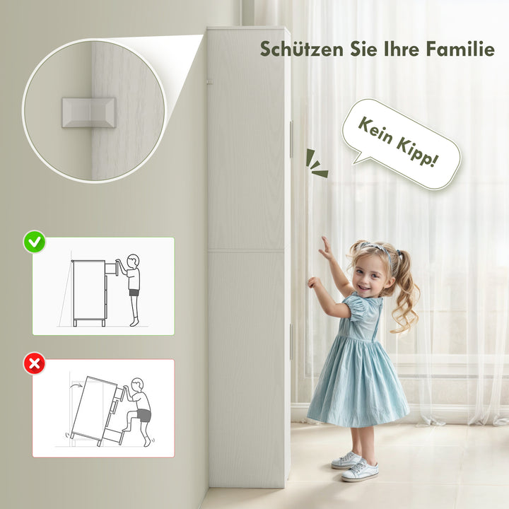 Højt badeværelsesskab med 2 døre, 4 justerbare hylder, spånplade, 180 cm, hvid