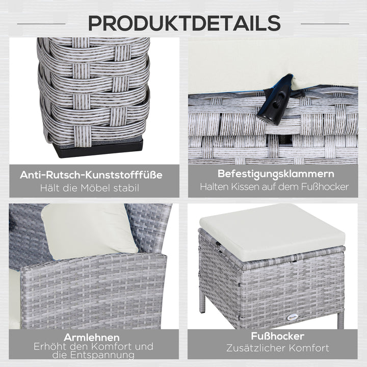 5-Delt havemøbelsæt, rattan siddegruppe med fodskammel, metal, grå, 142 x 60 x 75 cm