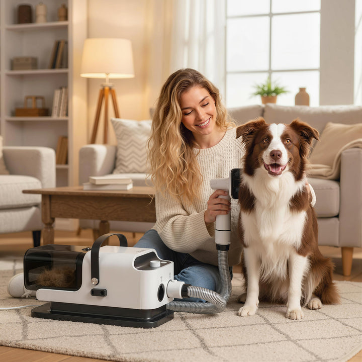 Hundeklippere med støvsuger, støjsvage klippere med 5 plejeværktøjer til hunde, katte og kæledyr, hvid