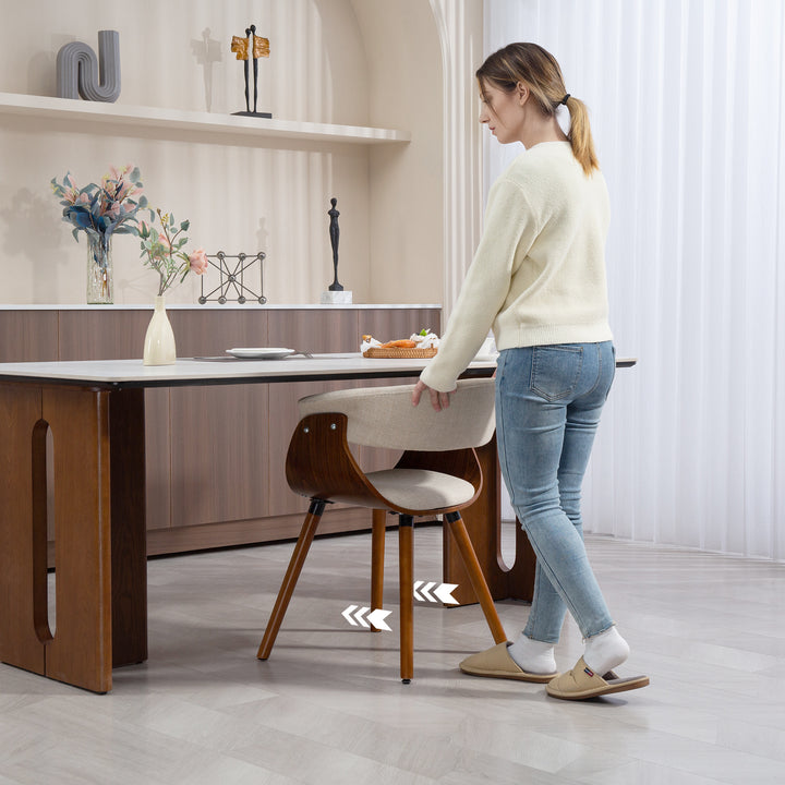 Spisestol, hørlook stof, buet ryglæn, træben, beige