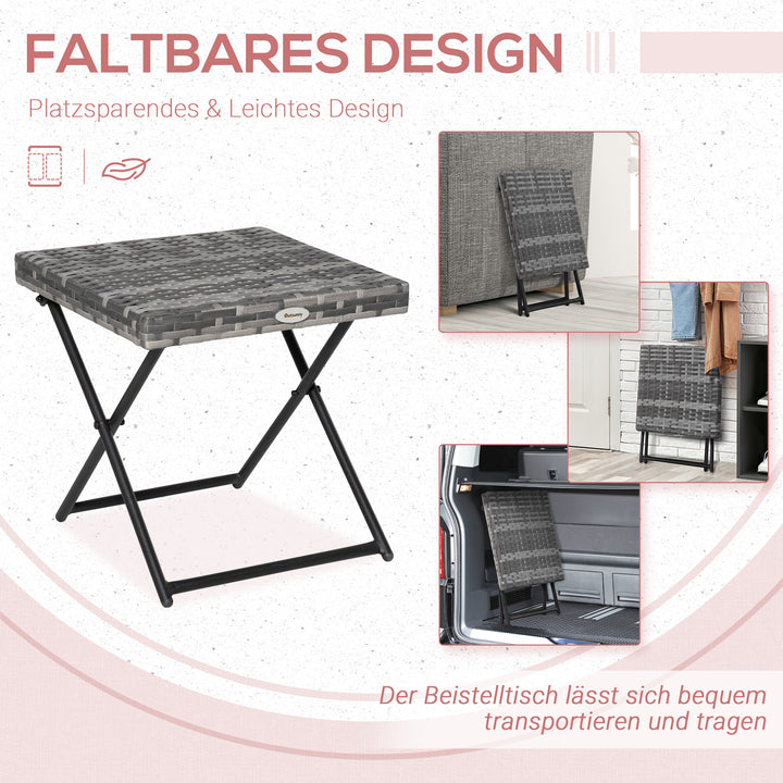 Sammenklappeligt polyrattan sidebord, sofabord, bakkebord, balkonbord, havebord, sofabord, tebord, havemøbler, rattanbord til haven, terrasse, balkon, 40x40x40cm, grå