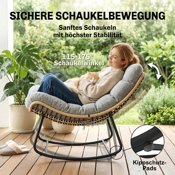 Rattan gyngestol haveliggestol med tyk hynde, havegynge op til 120 kg, indendørs/udendørs, 87 x 110 x 70 cm, grå