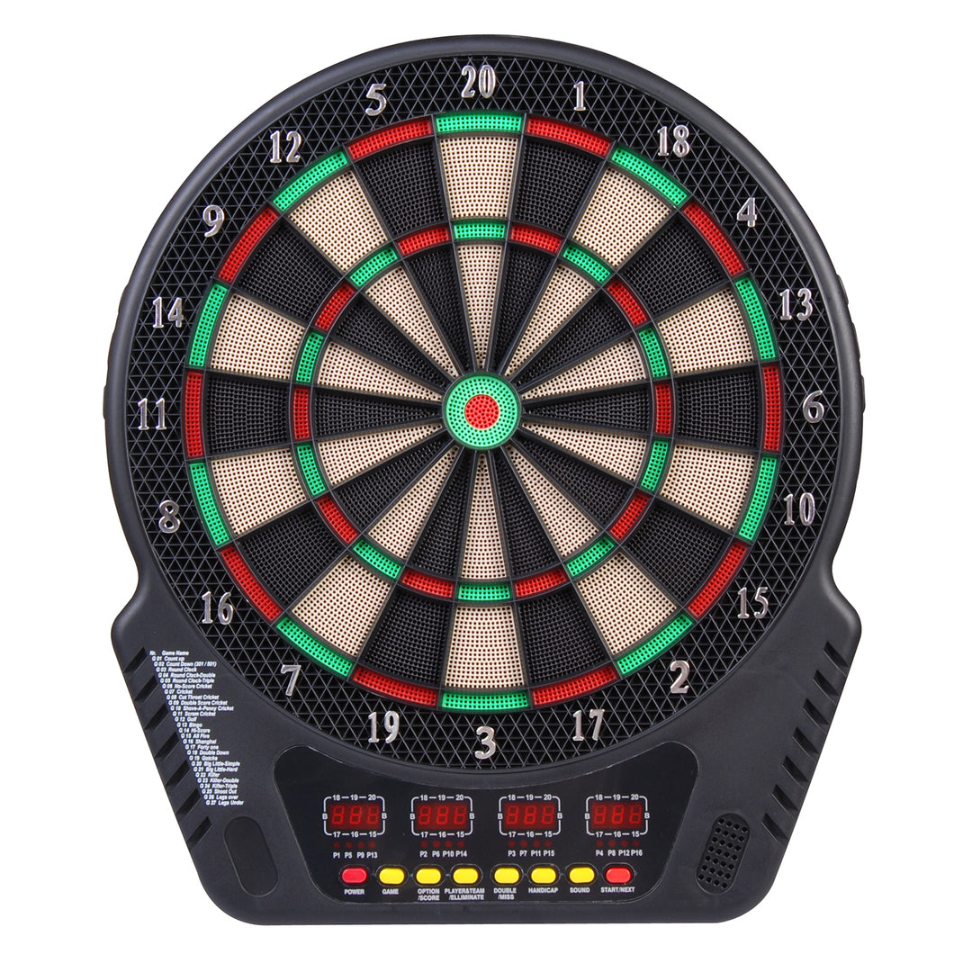 Elektronisk dartskivesæt med LED-display, automatisk scoring, lydeffekter, 6 pile, 24 pilhoveder, 27 spil og 243 scoringsmuligheder til 16 spillere, 44 x 51,5 x 3,2 cm