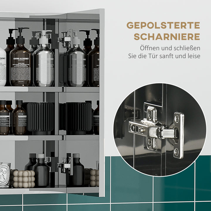 Spejlskab, badeværelsesskab, 3 spejldøre, 5 indvendige hylder, rustfrit stål, farve: sølv, 70 x 12 x 55 cm