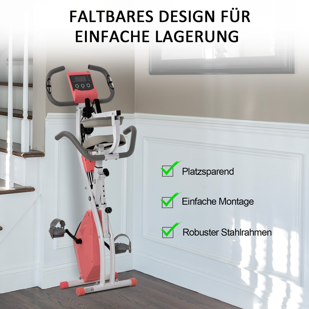 2-i-1 motionscykel med LCD-display, justerbar pulsmåler, sæde og hjul; foldbar motionscykel med 8 niveauer af magnetisk modstand, spændekabel og stålstel.