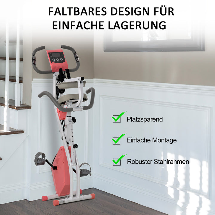 2-i-1 motionscykel med LCD-display, justerbar pulsmåler, sæde og hjul; foldbar motionscykel med 8 niveauer af magnetisk modstand, spændekabel og stålstel.