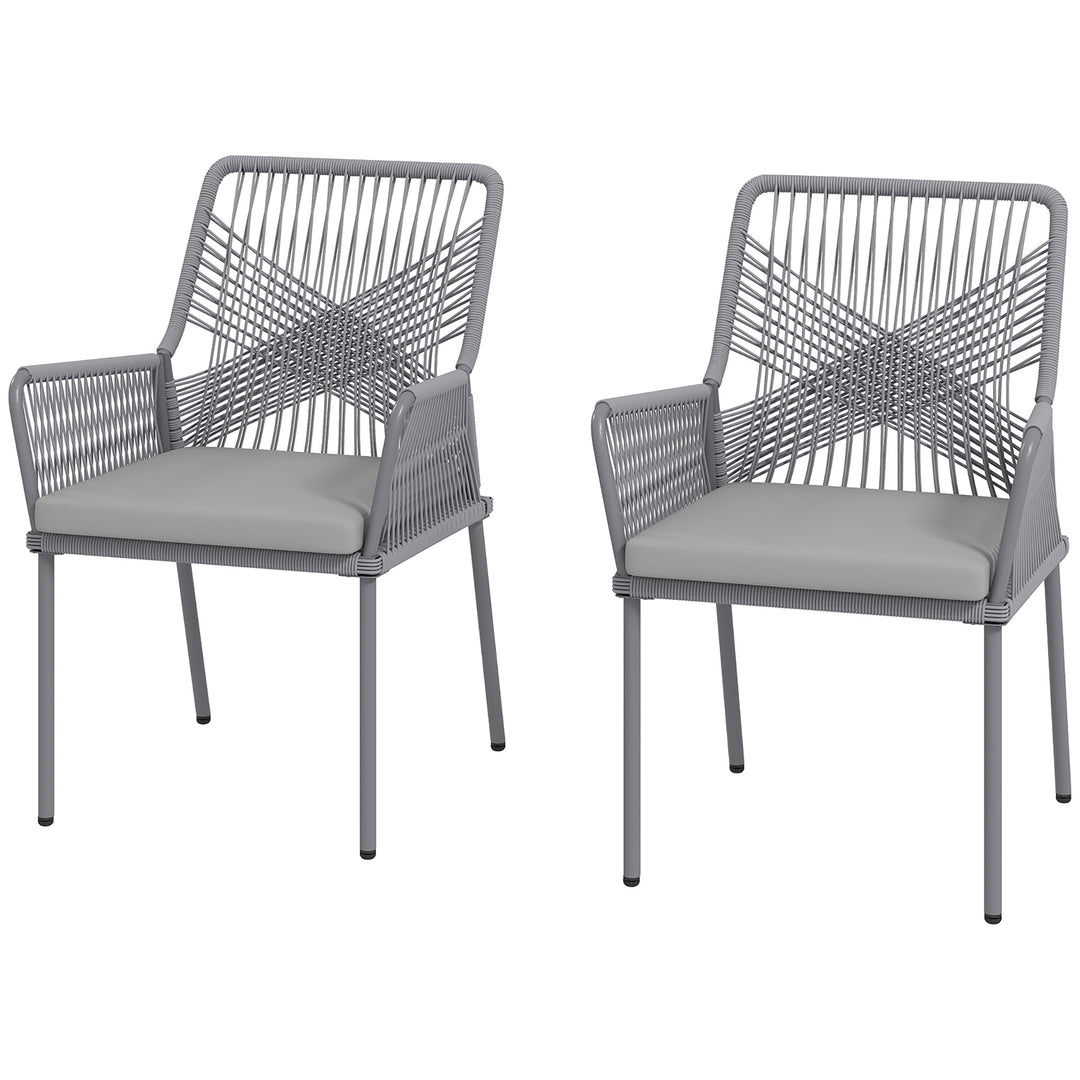 Sæt med 2 havestole, terrassestole, vaskbare hynder, ryglæn, armlæn, stål, rattan, mørkegrå