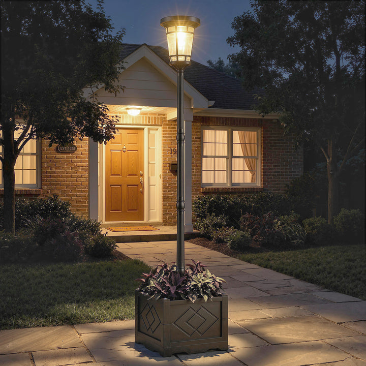 Solcelledrevet gulvlampe med blomsterpotte 195 cm udendørs havelanterne med 2 lysstyrkeniveauer lysstyringsafbryder IP44