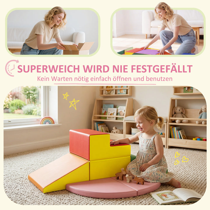 Skumbyggeklodser, sæt med 6 dele. Bløde byggeklodser, modulært børnebyggeklodssæt med kunstlæderlook, velcrolukninger. Store byggeklodser, skumklatreklodser, byggeklodser til børn 1-3 år, farverige.