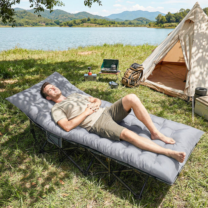 Campingmåtte, foldbar, 8 cm tyk campingmadras med skridsikkert betræk og stropper til camping, 200 x 80 cm, lysegrå