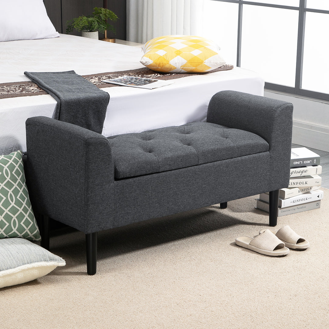 Bænk med opbevaringsplads, polstret bænk med linnedlook, træben, sengebænk, bæreevne op til 130 kg, til stue, soveværelse, entre, 116 x 44 x 58 cm mørkegrå