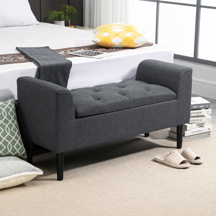 Bænk med opbevaringsplads, polstret bænk med linnedlook, træben, sengebænk, bæreevne op til 130 kg, til stue, soveværelse, entre, 116 x 44 x 58 cm mørkegrå