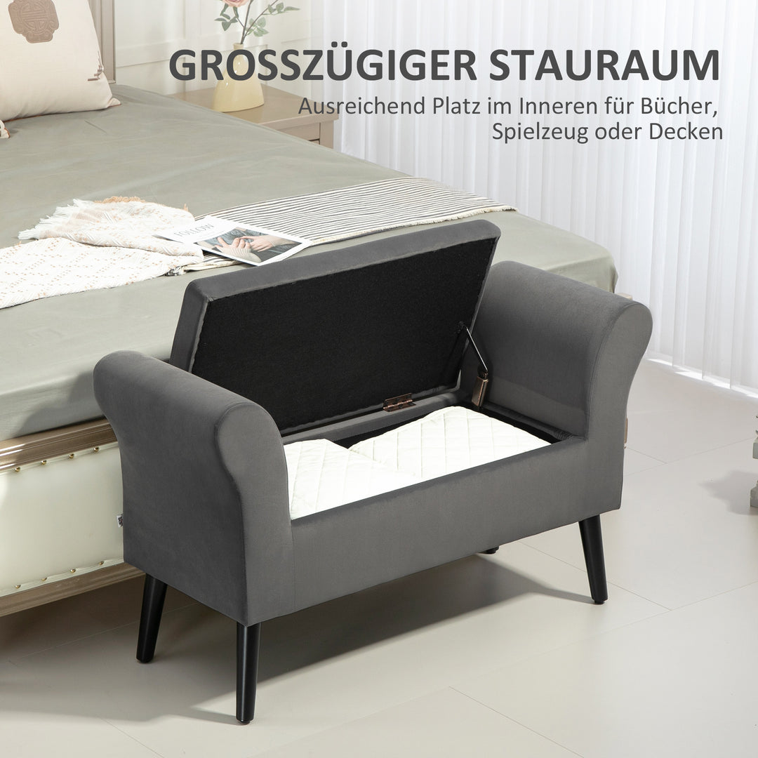 Polstret bænk med opbevaringsplads, kommodebænk med armlæn, 46 cm sædehøjde, fløjlspolyester, 111,5 x 41 x 65 cm, mørkegrå