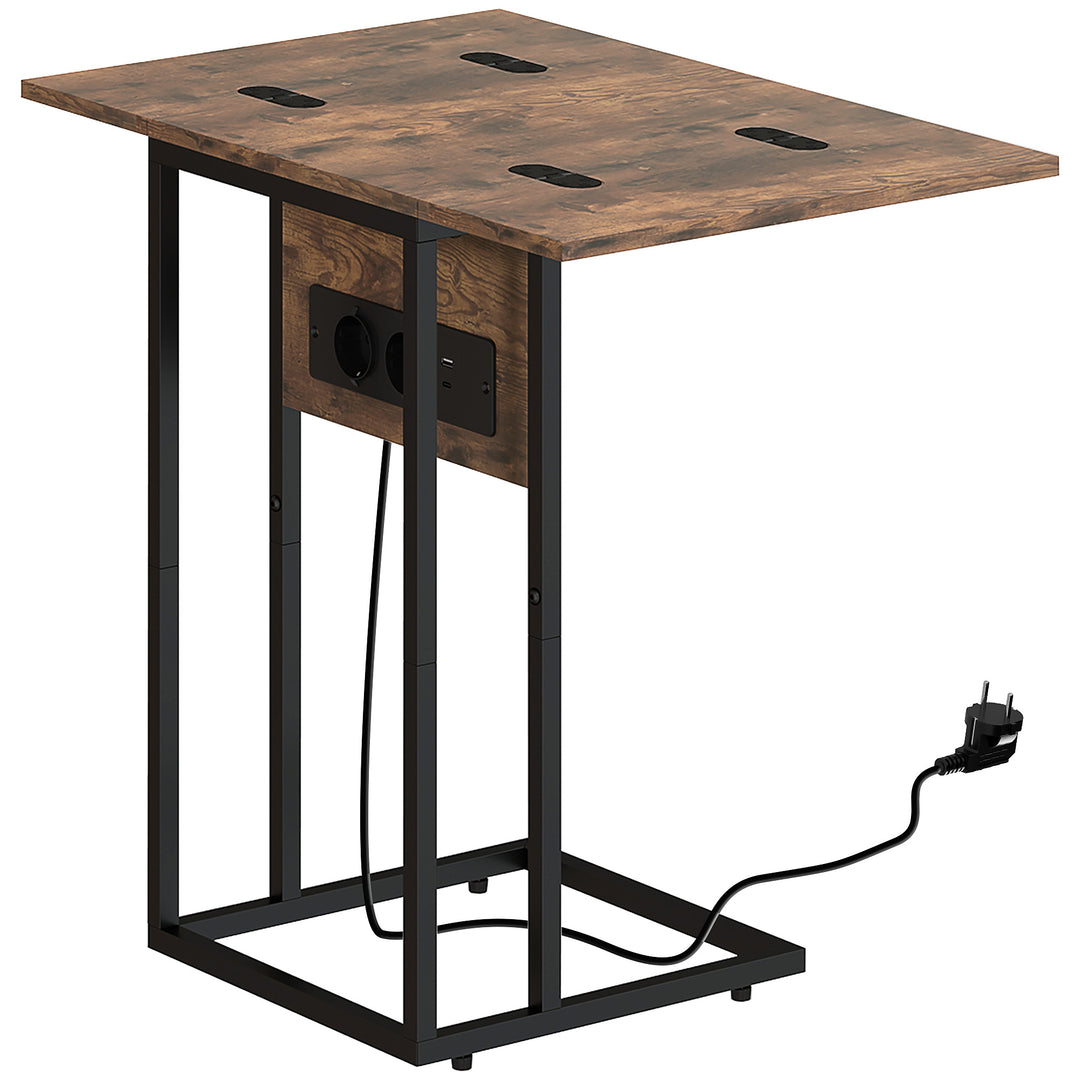 Sammenklappeligt sidebord, ladestation med USB-porte, metal, 39 x 29 x 57 cm, brun