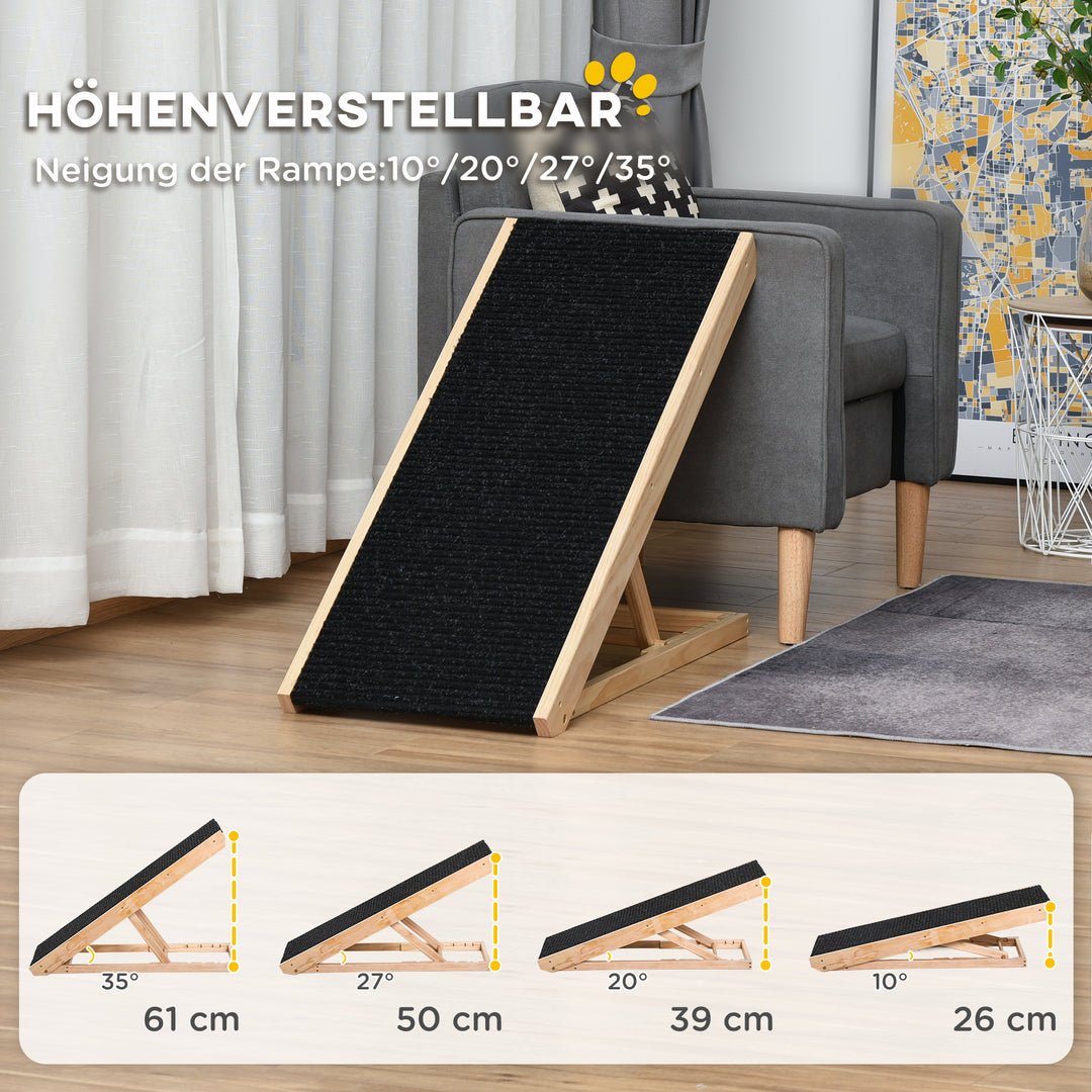 Dyrerampe med skridsikkert tæppe, justerbar dyrestige, hundelarampe til store hunde, fyrretræ, polyester, sort + naturtræ, 90B x 40D x 61H cm