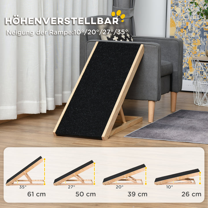 Dyrerampe med skridsikkert tæppe, justerbar dyrestige, hundelarampe til store hunde, fyrretræ, polyester, sort + naturtræ, 90B x 40D x 61H cm
