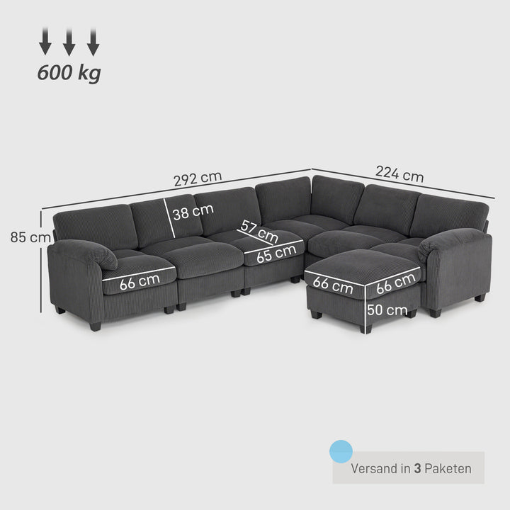 Hjørnesofa, U-formet sofa, sofa med fjederbetræk, polstrede armlæn, bevægelig puf, corduroy, 292x224x85 cm, mørkegrå