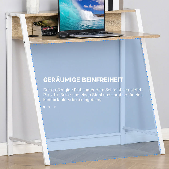 Skrivebord, computerbord med opbevaring og kabelhåndtering, moderne skrivebord med metalramme til studie, soveværelse, hjemmekontor, 84 x 45 x 85 cm, hvid + eg