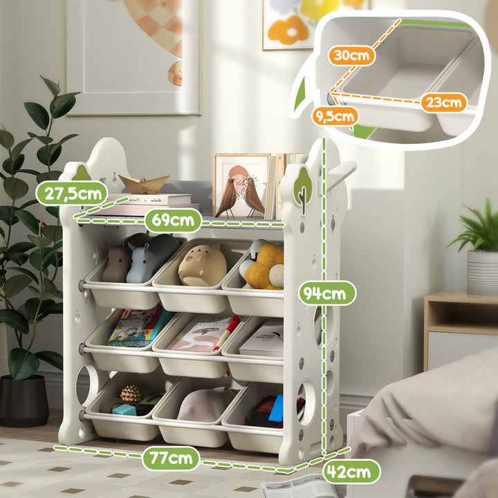 Børneopbevaringsstativ med 9 beholdere til legetøj og bøger, børneværelse, børnehave, plastik, cremehvid