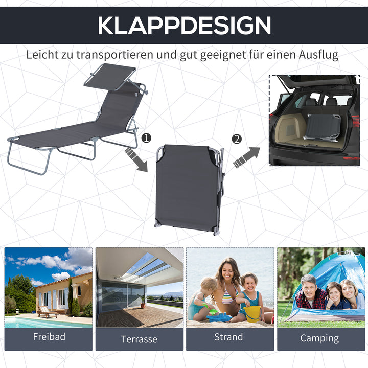 Sammenklappelig liggestol, havestol med solskærm, wellness-stol med justerbar ryglæn i 4 positioner, strandstol, lasteevne op til 120 kg, egnet til have, balkon og pool, 6 farver (grå)