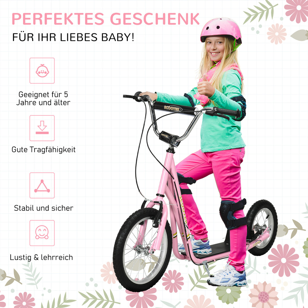 Børneløbehjul med luftgummidæk og håndbremse, 16 tommer højdejusterbart løbehjul til drenge og piger fra 5 år, pink løbehjul med kickboard