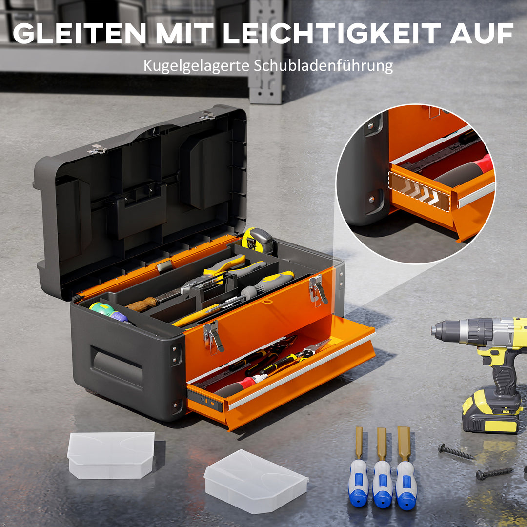 Tom værktøjskasse, 49,7 x 25,3 x 23 cm værktøjskasse med skuffe, minikasse stål orange