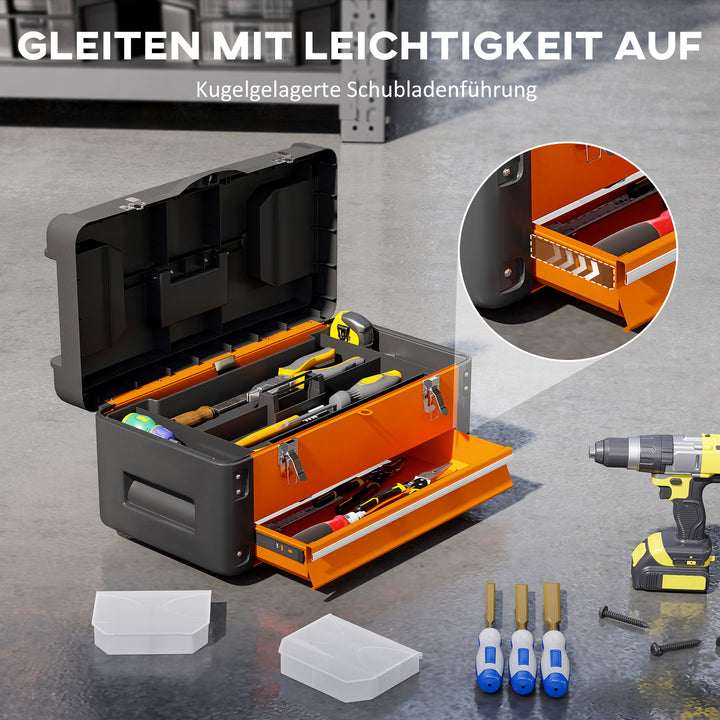 Tom værktøjskasse, 49,7 x 25,3 x 23 cm værktøjskasse med skuffe, minikasse stål orange