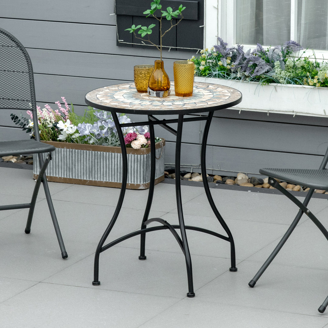 Havebord, mosaikbord, rundt bistrobord, sidebord med mosaikplade, keramik, metal, grøn+beige+hvid, Ø60 cm