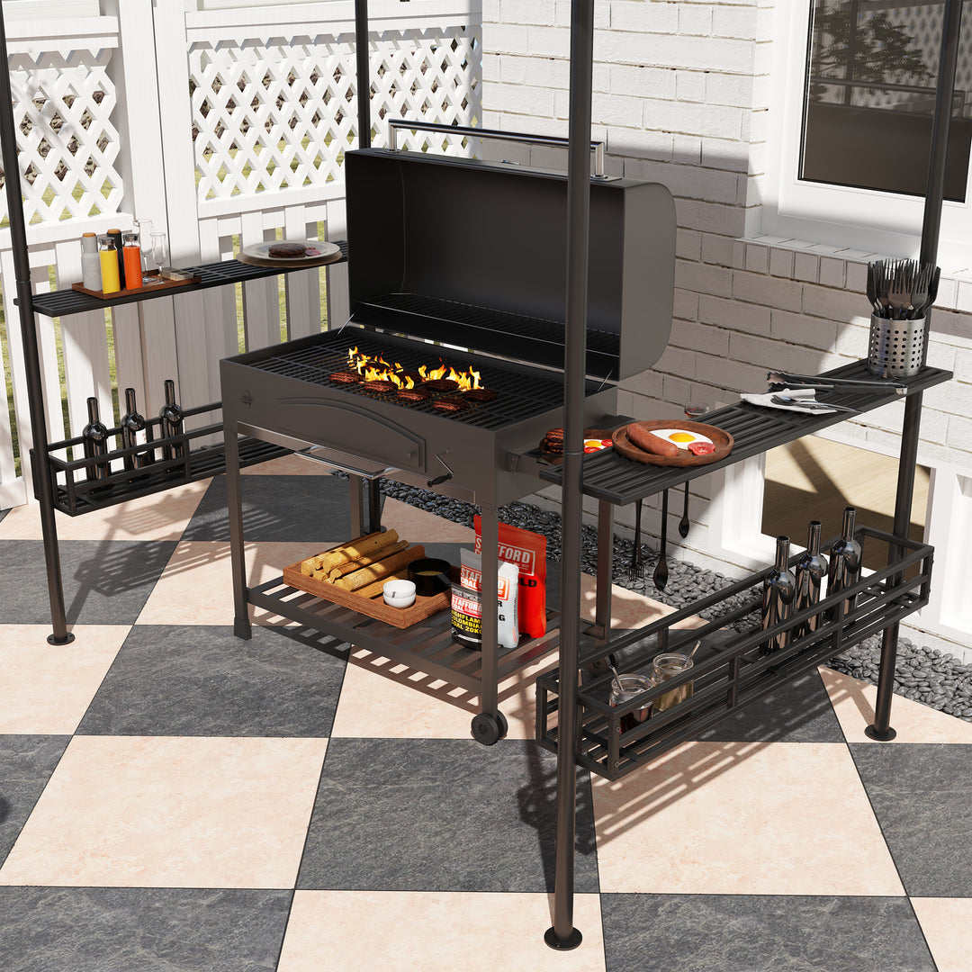Grilltelt, bbq-telt, havepavillon med 2 hylder, opbevaringskurve, kroge, til terrasse, beige