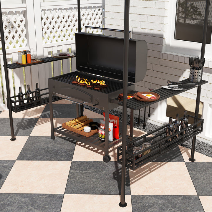 Grilltelt, bbq-telt, havepavillon med 2 hylder, opbevaringskurve, kroge, til terrasse, beige