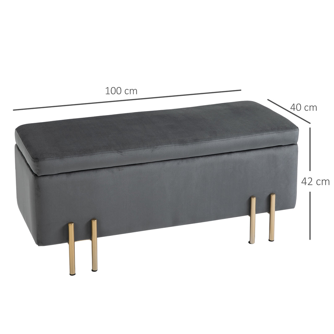 Opbevaringsbænk, polstret bænk med fløjlslook, opbevaringskommode med metalben, kommode til stue, soveværelse, entre, 100 x 40 x 42 cm, mørkegrå