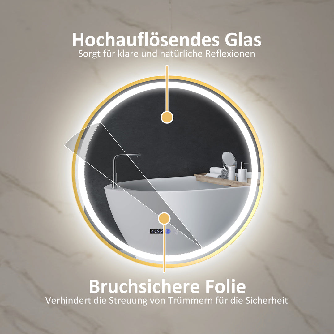 Rundt badeværelsesspejl med led-lys, antidugspejl, touchbetjening, display