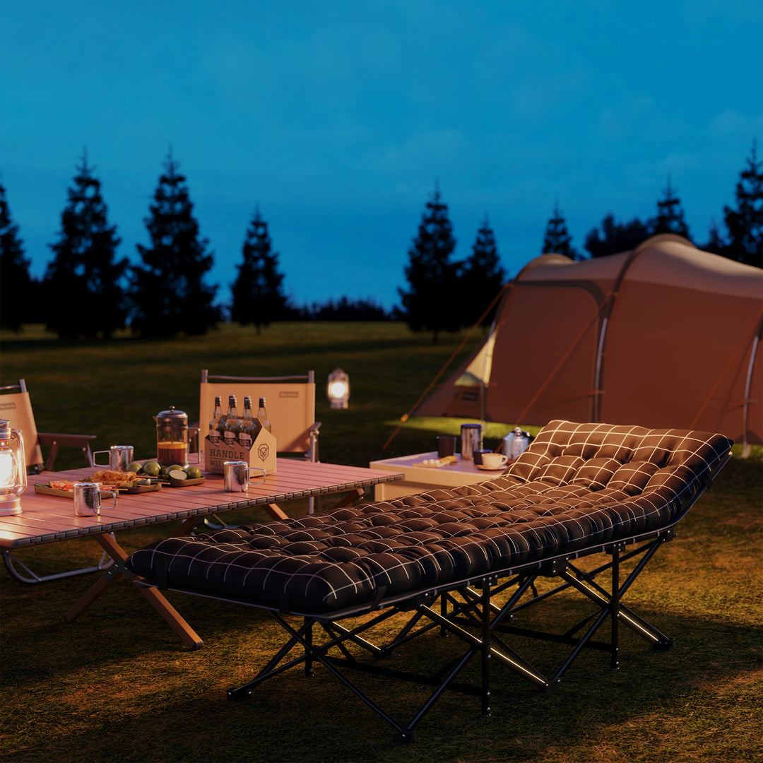 Sammenklappelig campingseng, feltseng med madras, ergonomisk, metalramme, sort