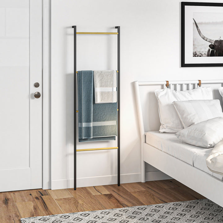 Håndklædetørrer, fritstående, 4 stænger, 49 x 5,5 x 167,5 cm, sort/naturfarvet