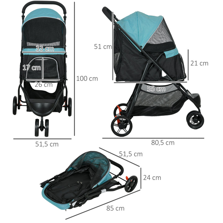 Kæledyrsklapvogn, hundeklapvogn op til 10 kg, foldbar, sikkerhedsline, håndtag, regnslag, opbevaringskurv, blå + sort