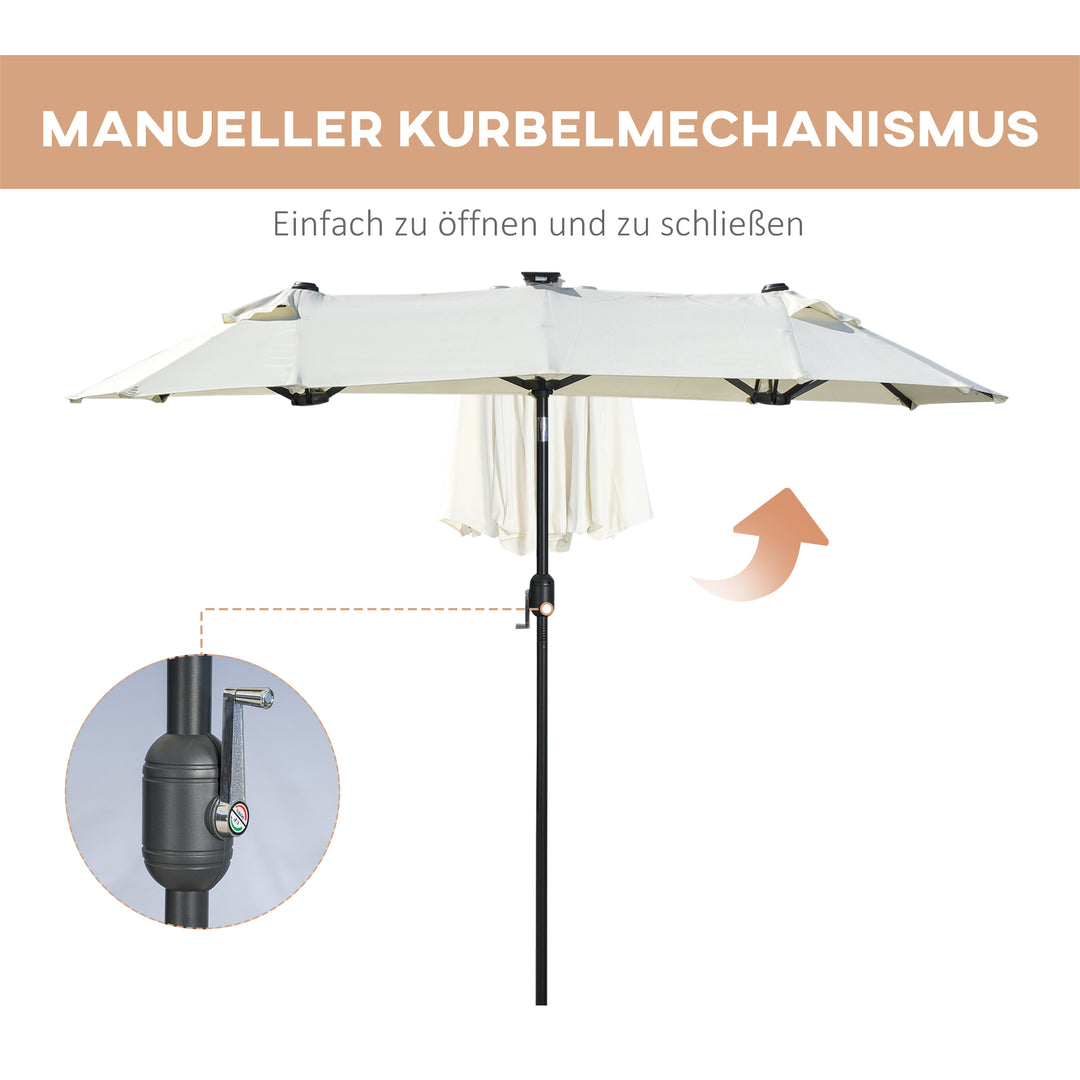 Dobbelt parasol, terrasseparasol, vipbar, med solpanel, 35 LED'er, stålramme, beige, 2,92 x 1,50 x 2,18 m