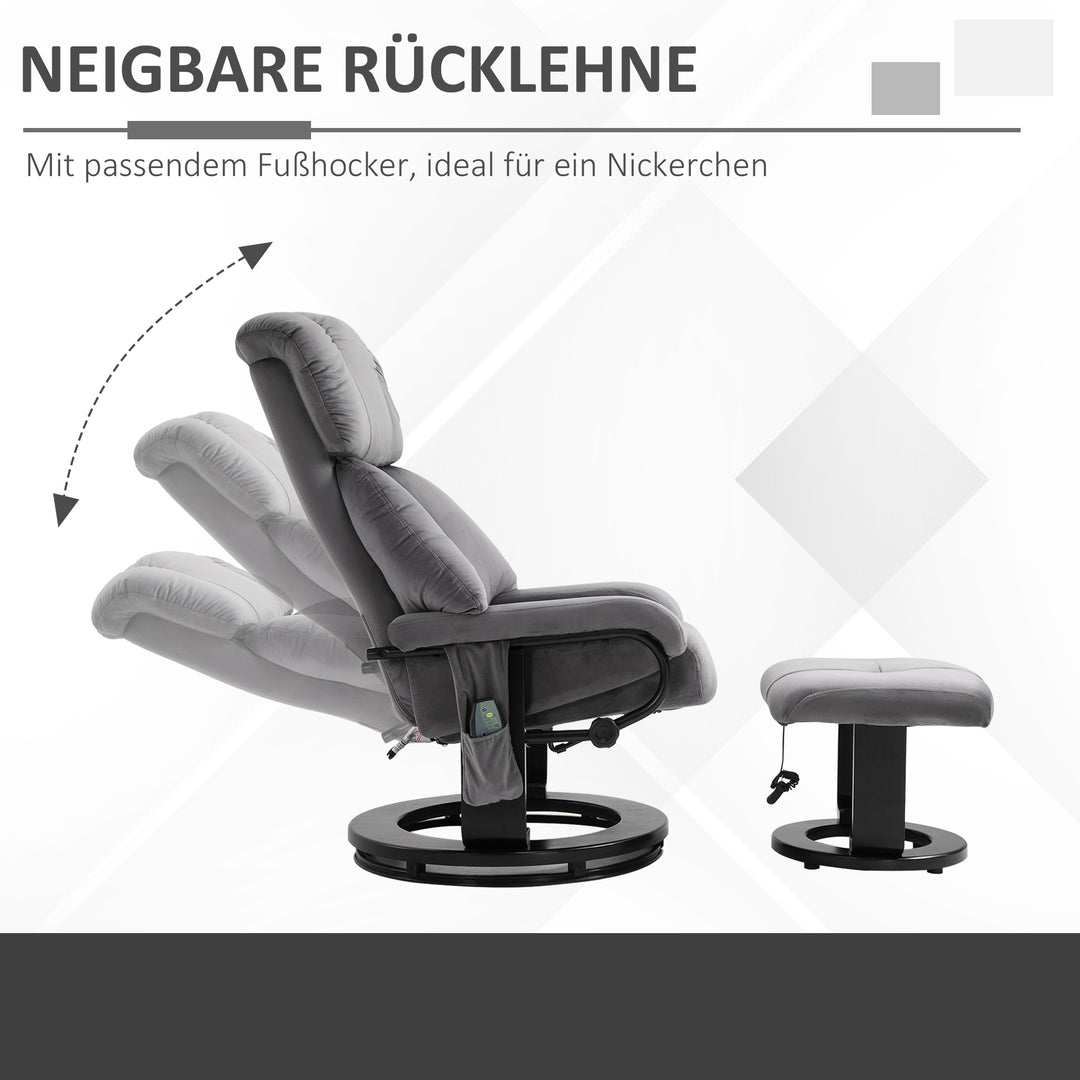 Lænestol med fodskammel, drejelig TV-lænestol med vibrationsmassage, lænefunktion, massagestol med sidelomme, fløjlslook loungestol til stuen, grå