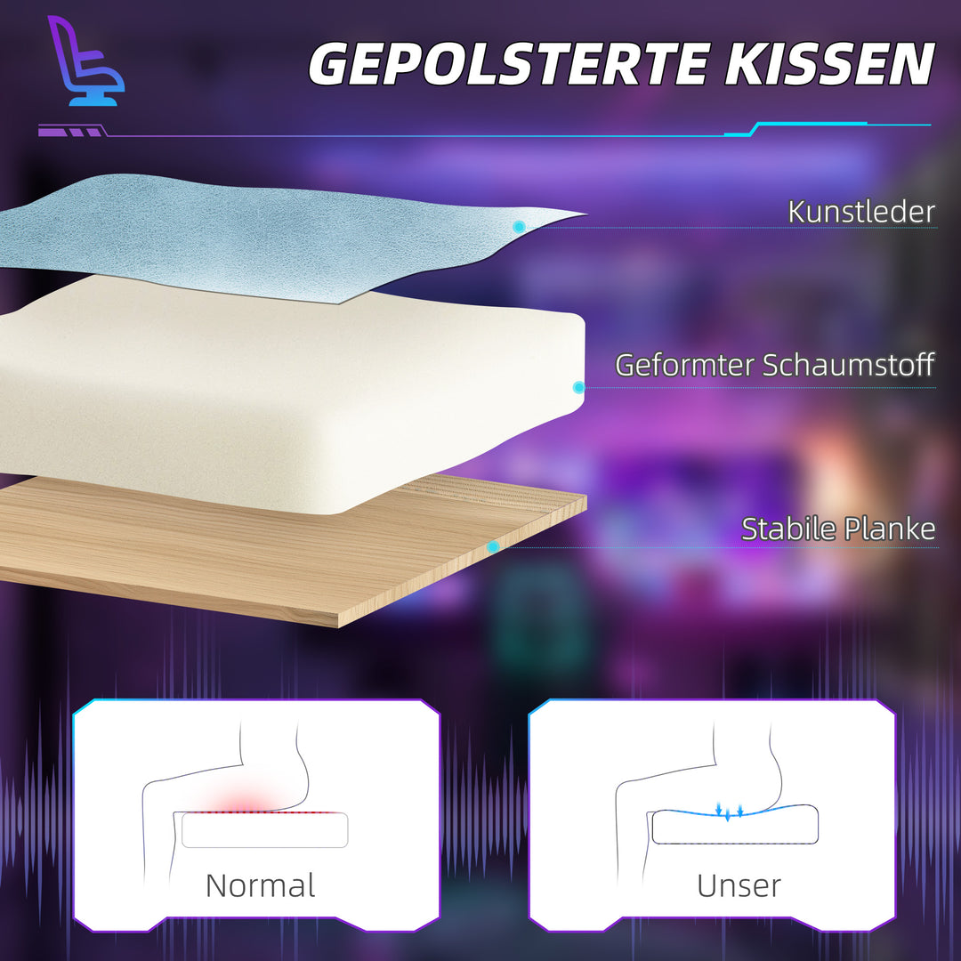 Gamingstol, justerbare armlæn og ryglæn, imiteret læderbetræk, op til 120 kg, blå