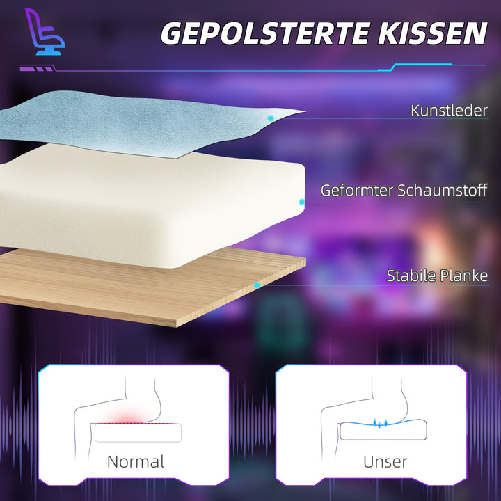 Gamingstol, justerbare armlæn og ryglæn, imiteret læderbetræk, op til 120 kg, blå