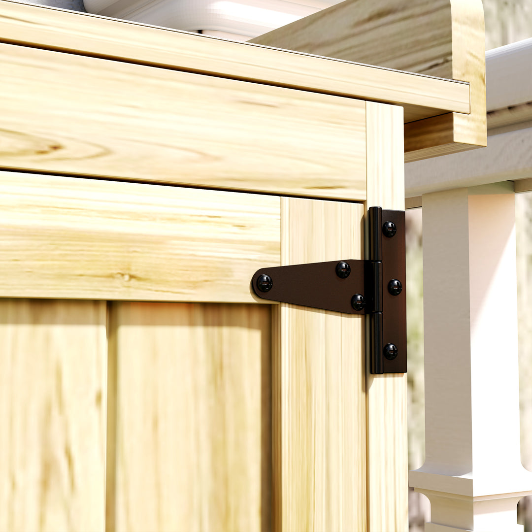 Haveskab, udendørs værktøjsskab med bordplade, træ og rustfrit stål, dobbeltdøre, naturtræ