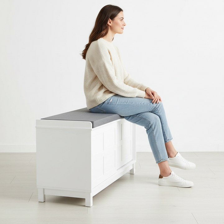 Bænk med sædehynde og skab, 114x53x40 cm, hvid