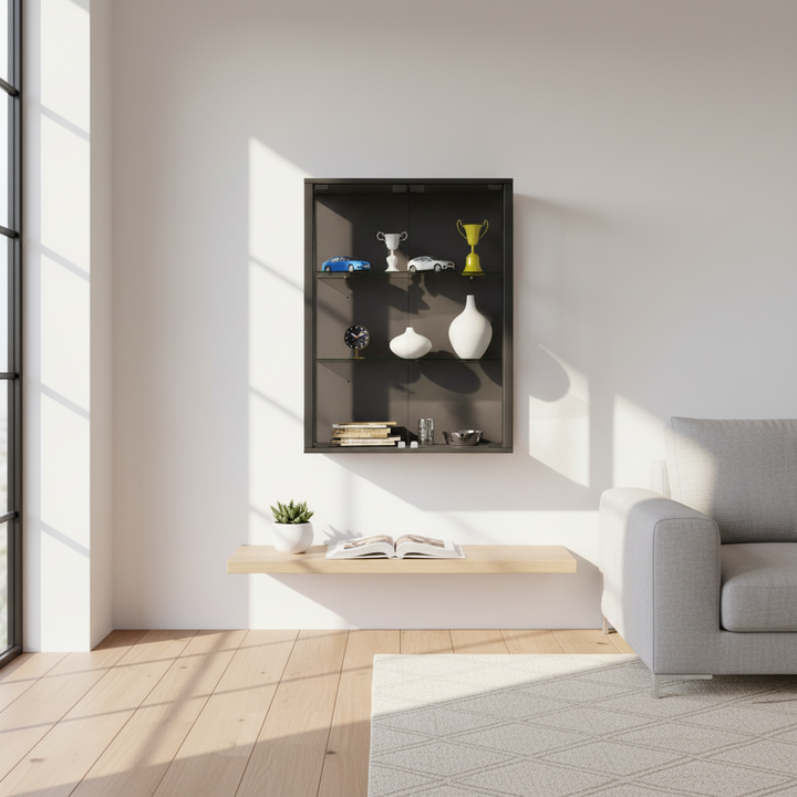 Vægvitrineskab sort – 80x60x25 cm – ESG-sikkerhedsglas med 2 hylder