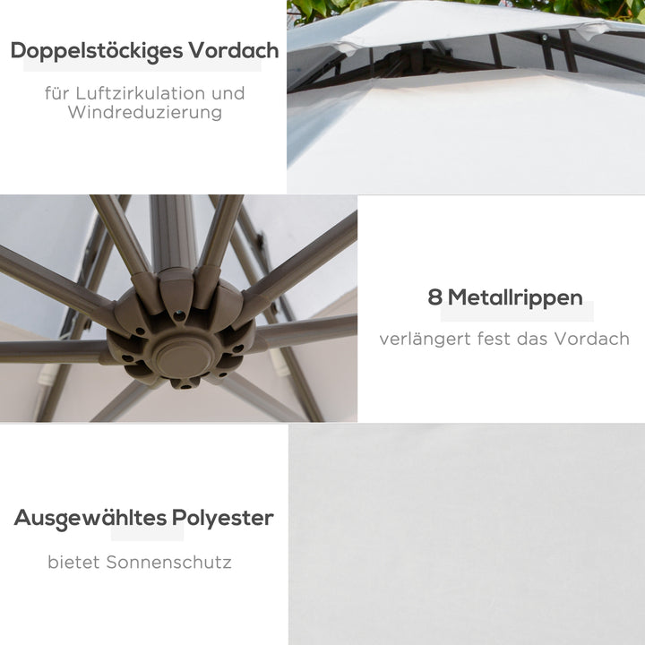 Parasol fritbærende parasol ø2,67 x 2,45 m svingparasol med dobbelt tag krydsfod stål udendørs solbeskyttelse polyester stål lysegrå