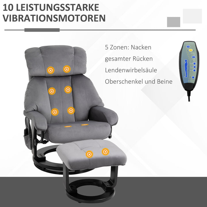 Lænestol med fodskammel, drejelig TV-lænestol med vibrationsmassage, lænefunktion, massagestol med sidelomme, fløjlslook loungestol til stuen, grå