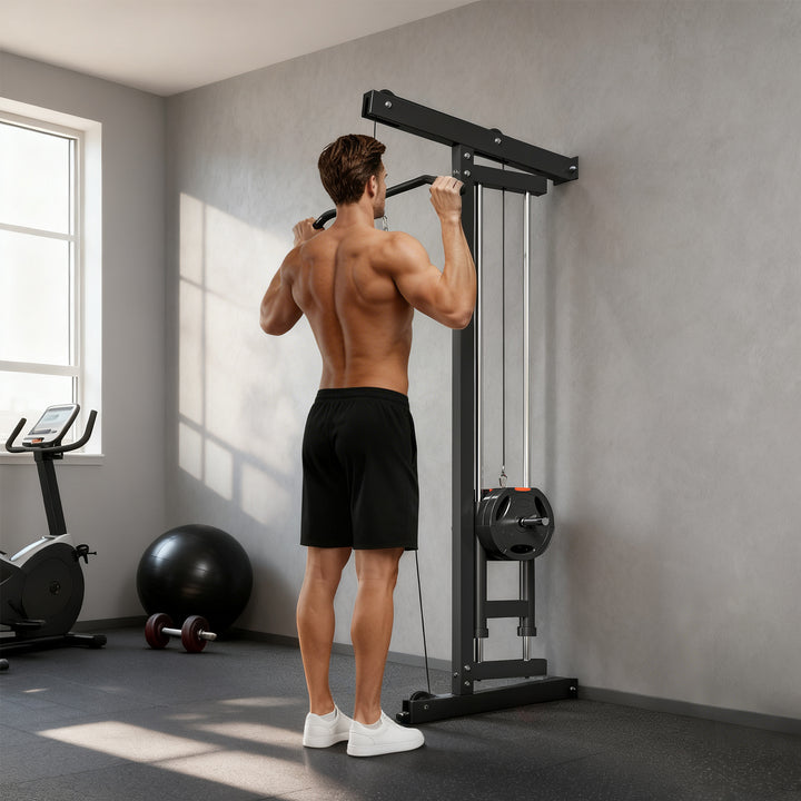Romaskine til træning, vægmonteret fitnessudstyr, kabelmaskine til hjemmegym, stål, sort